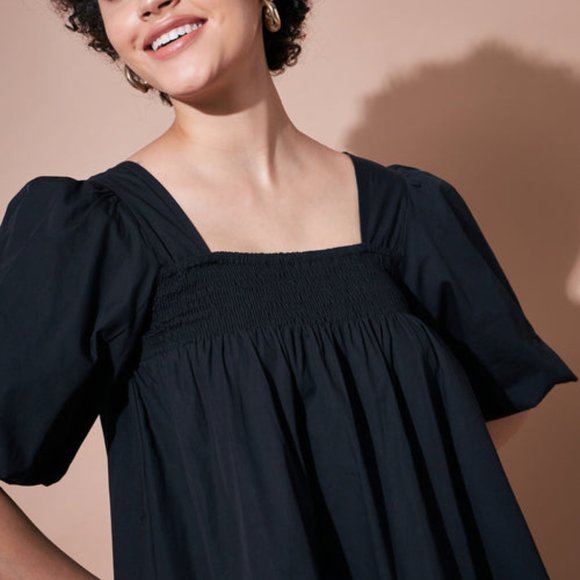 Black Cotton Poplin Puff Sleeves Tiered Dress - Picture 4 of 6